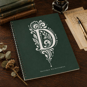 Letter D Linocut Botanical Monogram Notebook