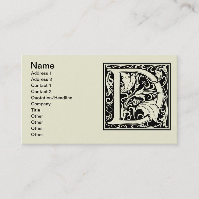 Letter D Mediaeval Monogram Art Nouveau Business Card (Front)
