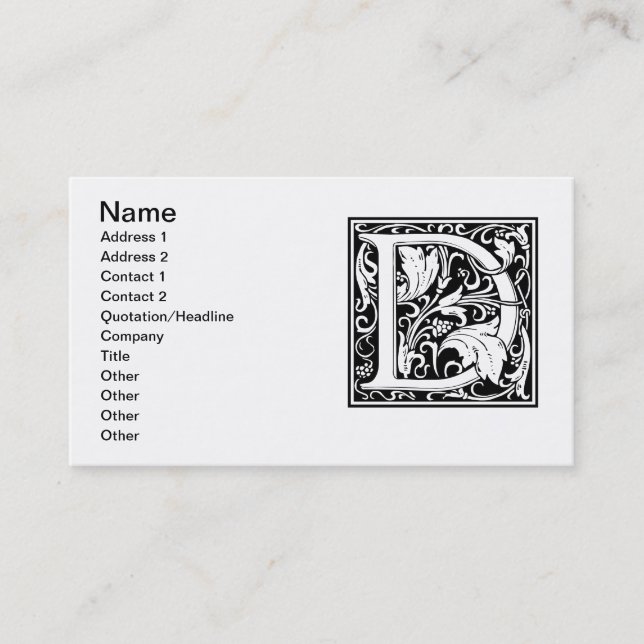 Letter D Mediaeval Monogram Art Nouveau Business Card (Front)