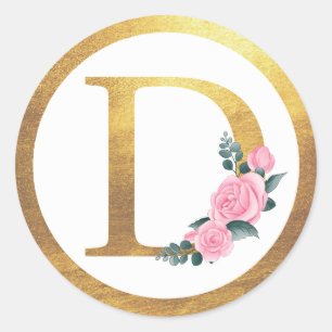 Letter D Monogram Pink Roses Floral & Elegant Gold Classic Round Sticker