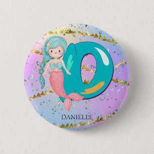 Letter D Monogram Watercolor Cute Mermaid Nursery 6 Cm Round Badge