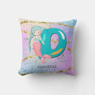 Letter D Monogram Watercolor Cute Mermaid Nursery Cushion