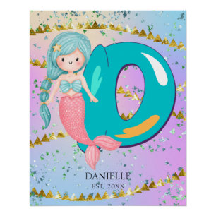 Letter D Monogram Watercolor Cute Mermaid Nursery Poster