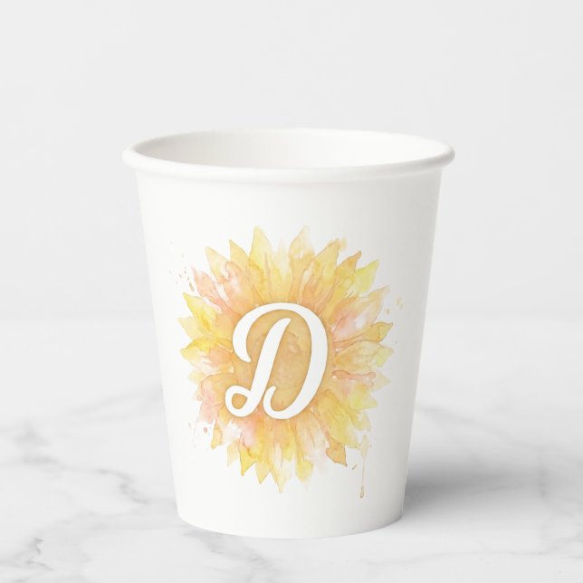 Letter D Sunflower First Name Monogram Initial  Paper Cups (Front)