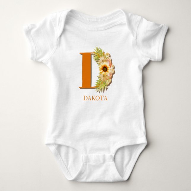 Letter D Sunflower Floral Monogram with Name Baby Bodysuit (Front)