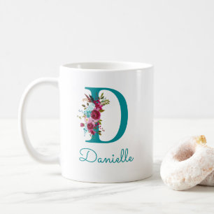 Letter D Teal Pink Floral Coffee Mug