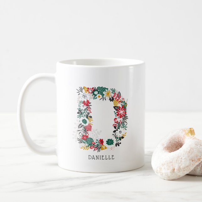 Letter D | Whimsical Floral Letter Monogram I Mug (With Donut)