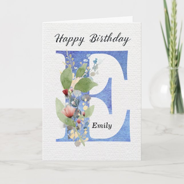 Letter E Birthday Custom Name Her Blue Monogram Card (Front)
