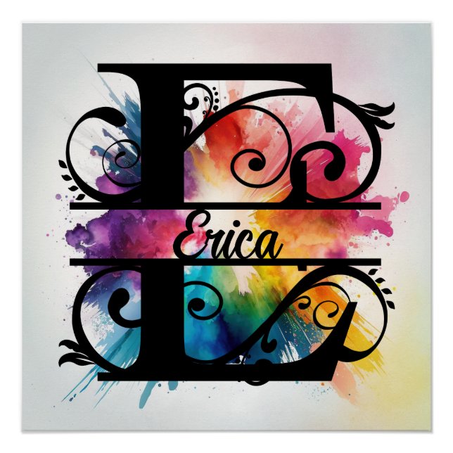 Letter 'E', Bright Rainbow Monogram, Kids Name Poster (Front)