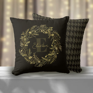 Letter E Elegant Gold Leaf Monogram Cushion