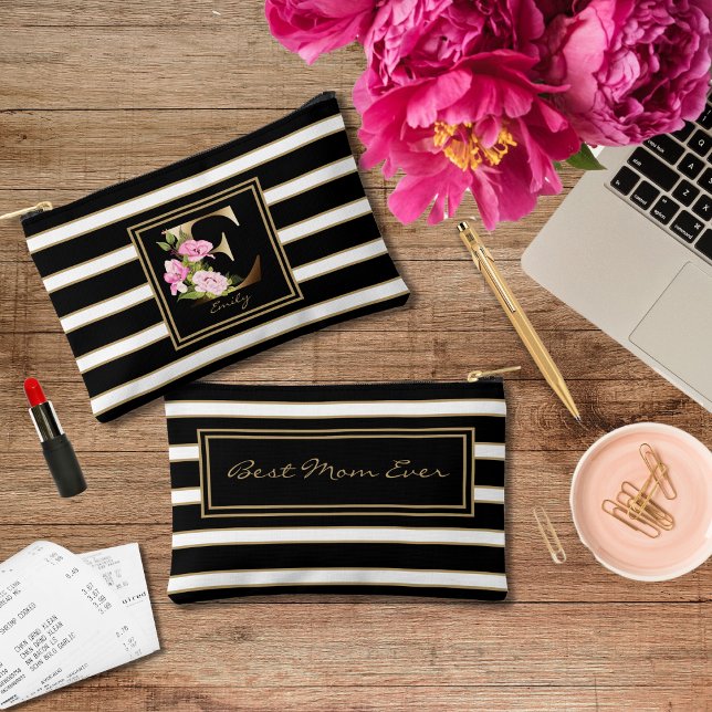 Letter E Floral Monogram Black White Gold Stripes Accessory Pouch (Creator Uploaded)