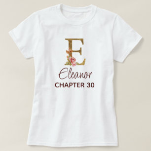 Letter E Gold Monogram Blush Pink Roses Birthday T-Shirt