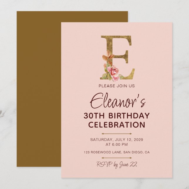Letter E Gold Monogram Blush Pink Roses Invitation (Front/Back)