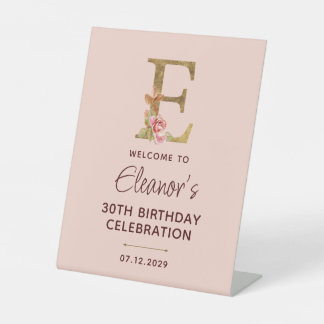 Letter E Gold Monogram Blush Pink Roses Sign