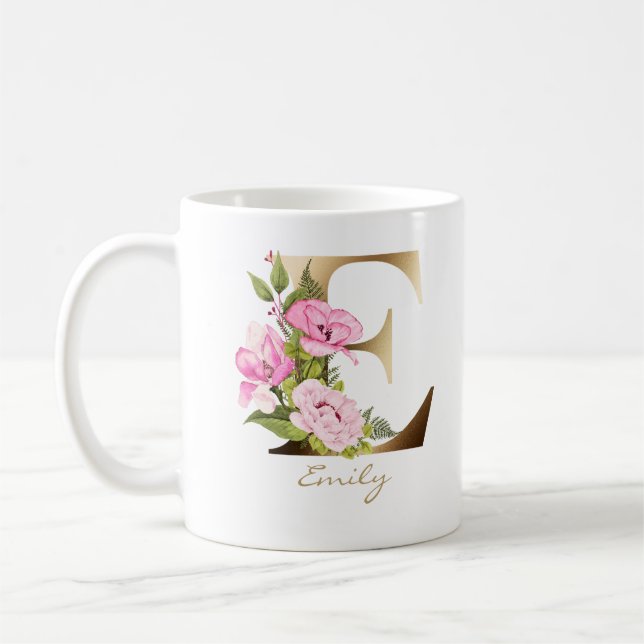 Letter E | Gold Monogram | Pink Floral Arrangement Coffee Mug (Left)