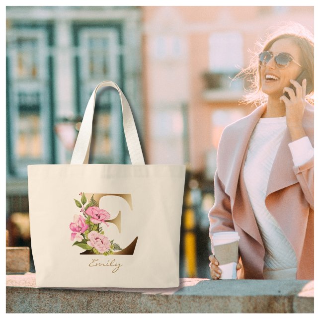 Letter E Gold Monogram Pink Flowers Large Tote Bag (Creator Uploaded)