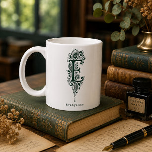 Letter E Linocut Botanical Personalised Mug