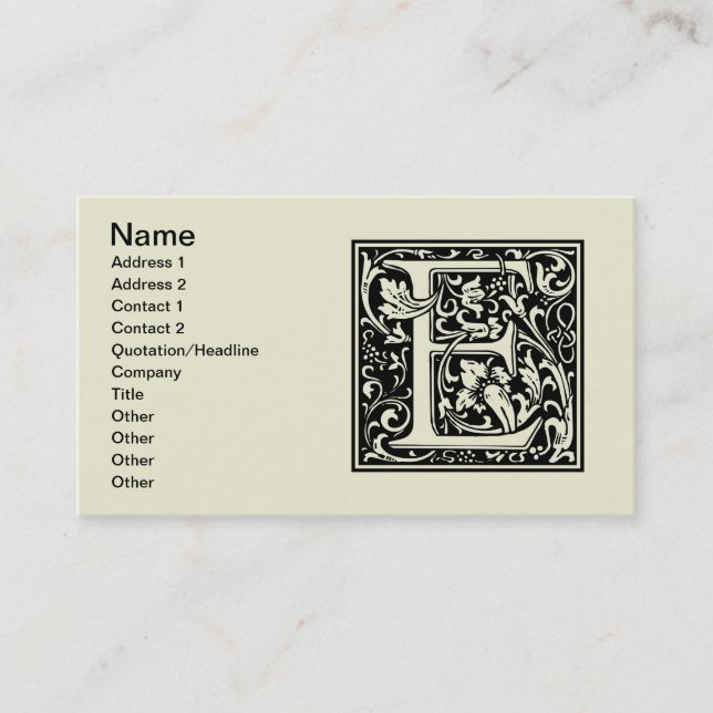 Letter E Mediaeval Monogram Art Nouveau Business Card (Front)