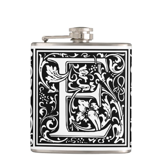 Letter E Mediaeval Monogram Art Nouveau Hip Flask (Front)