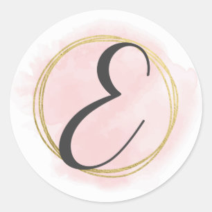 Letter E Monogram Blush Pink Watercolor Gold Chic Classic Round Sticker
