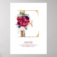 Letter E Monogram Floral Burgundy Red and Gold