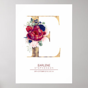 Letter E Monogram Floral Navy Blue and Burgundy Poster