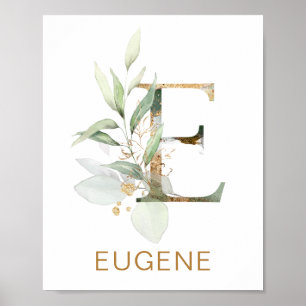 Letter E Monogram Green & gold foliage Nursery Poster