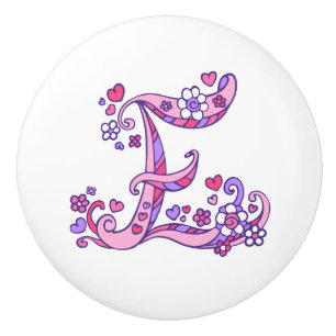 Letter E monogram hearts flowers pink purple pull