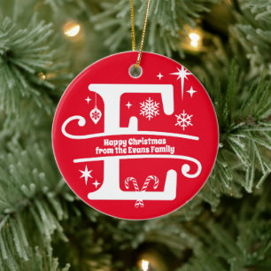 Letter E Monogram Initial Family Name Greeting Ceramic Ornament