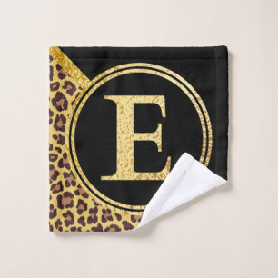 Letter E Monogram Leopard Print Gold and Black Wash Cloth