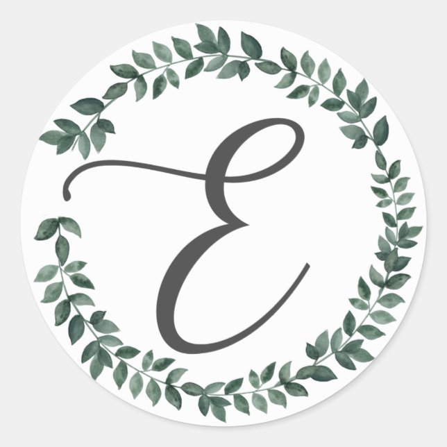 Letter E Monogram Minimalist Botanical Leaf Wreath Classic Round Sticker (Front)