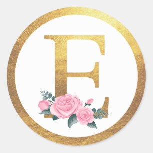 Letter E Monogram Pink Roses Floral & Elegant Gold Classic Round Sticker