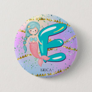 Letter E Monogram Watercolor Cute Mermaid Nursery 6 Cm Round Badge