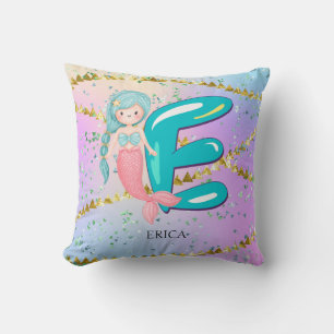 Letter E Monogram Watercolor Cute Mermaid Nursery Cushion