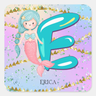 Letter E Monogram Watercolor Cute Mermaid Nursery Square Sticker
