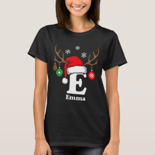 Letter E Name Initial Emma With Santa Hat Reindeer T-Shirt
