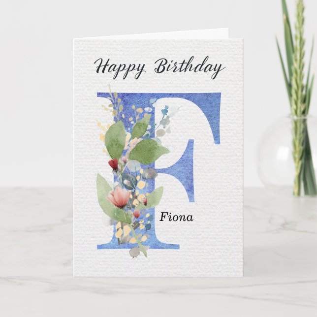 Letter F Birthday Custom Name Her Blue Monogram Card (Front)