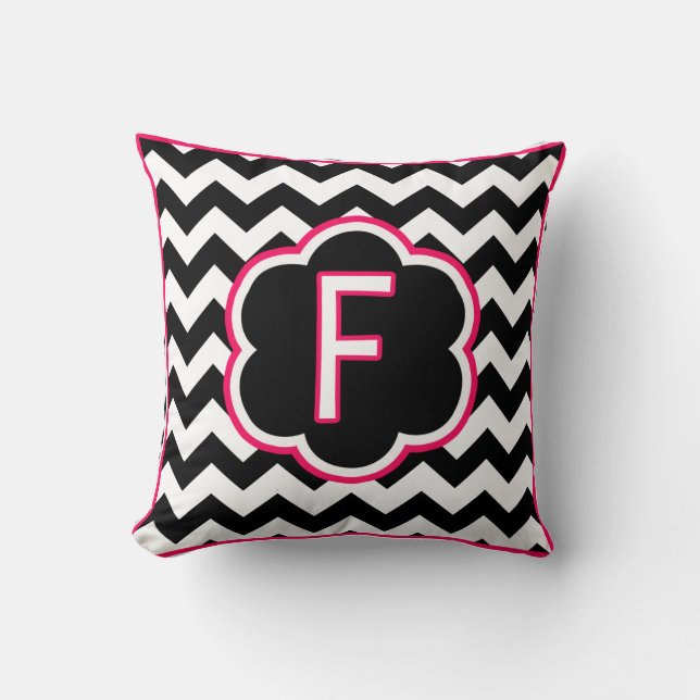 Letter F Black and White Chevron Monogram Cushion (Front)