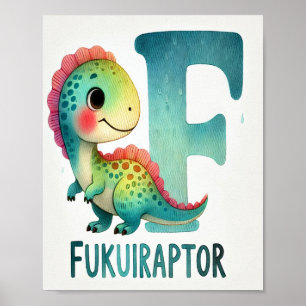 Letter F, Dinosaur Alphabet Watercolor Poster