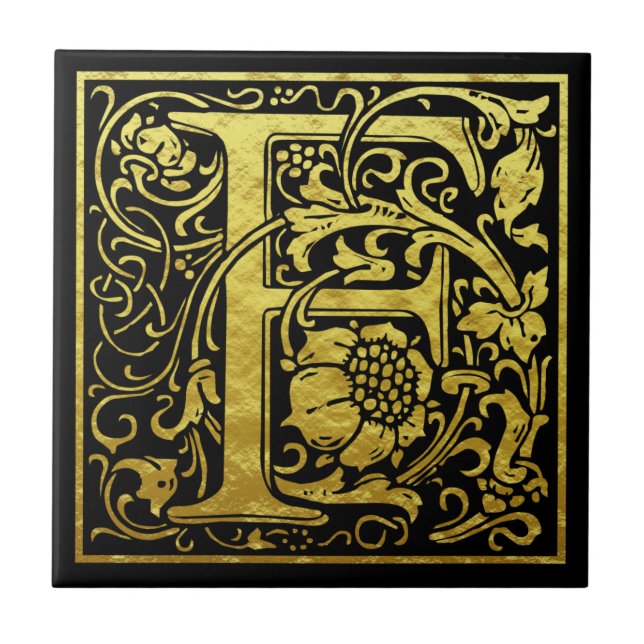 Letter F First Letter Faux Gold Black Ceramic Tile (Front)