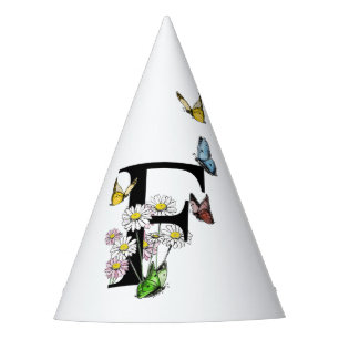 Letter F Floral Butterfly Monogram Initial Party Hat