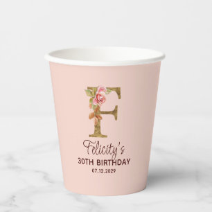 Letter F Gold Monogram Blush Pink Roses Paper Cups