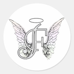 Letter F Initial Monogram with Angel Wings & Halo Classic Round Sticker