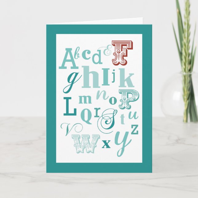 Letter F Initial Name Alphabet Birthday Teal & Red Card (Front)