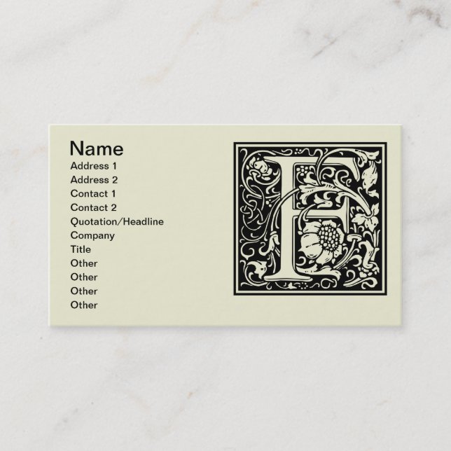 Letter F Mediaeval Monogram Art Nouveau Business Card (Front)