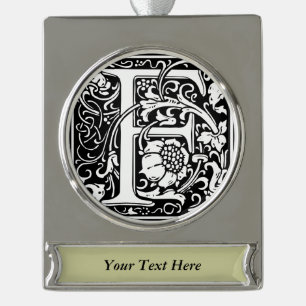 Letter F Mediaeval Monogram Art Nouveau Silver Plated Banner Ornament