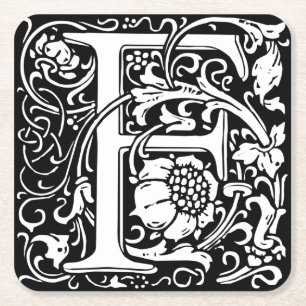 Letter F Mediaeval Monogram Art Nouveau Square Paper Coaster