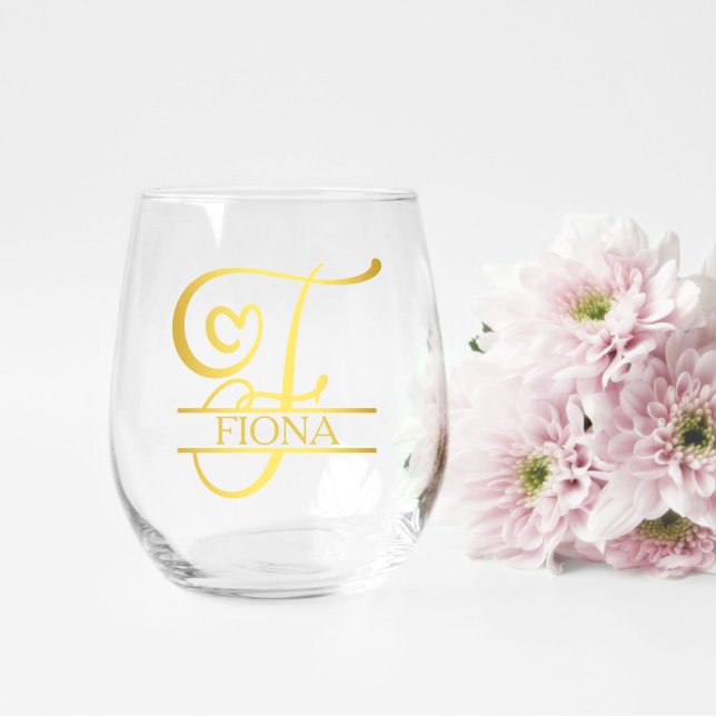 Letter F Monogram Bridesmaid Gift, Modern Elegant Stemless Wine Glass (stemless wine glass for a bridesmaid gift that has a gold split F monogram and customized with name)