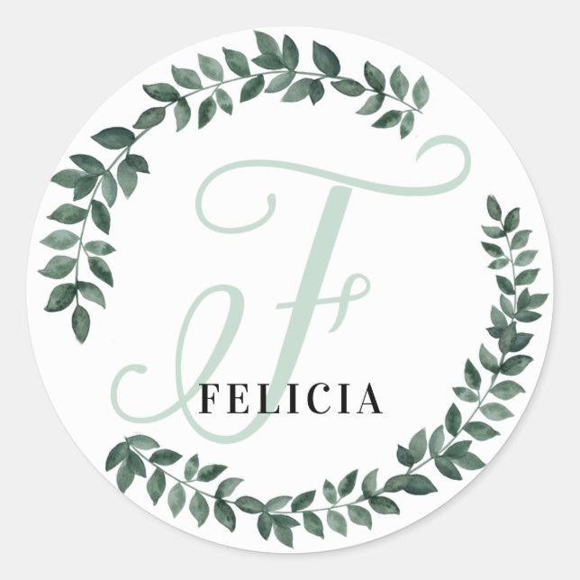 Letter F Monogram Custom Name Minimalist Botanical Classic Round Sticker (Front)