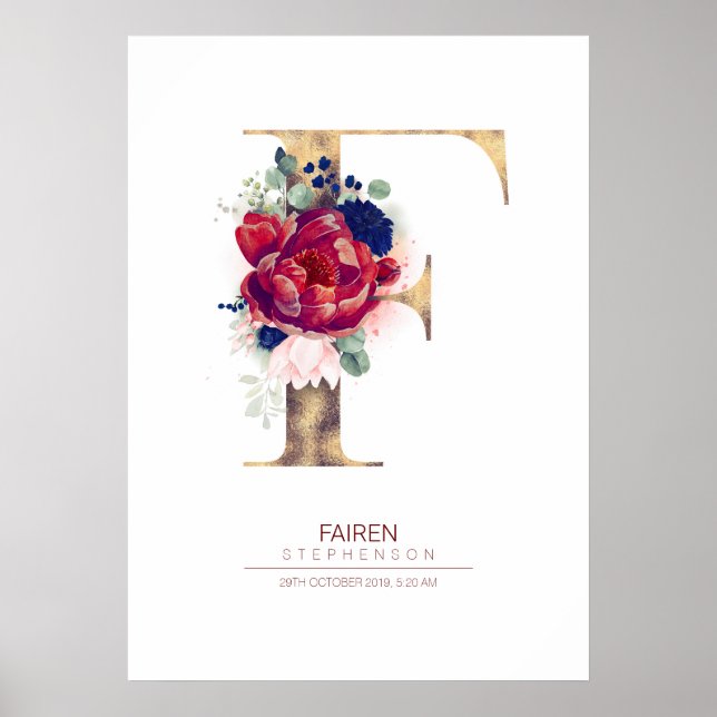 Letter F Monogram Floral Navy Blue and Burgundy Poster (Front)